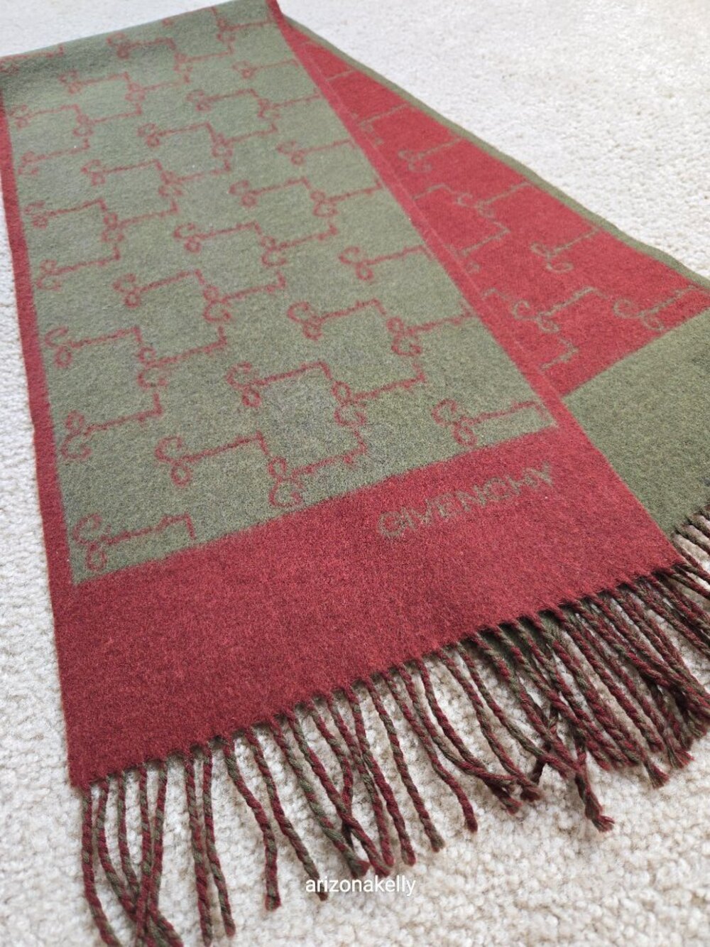 Vintage Givenchy Logo Scarf Cashmere Burgundy & Olive Green - Picture 2 of 8